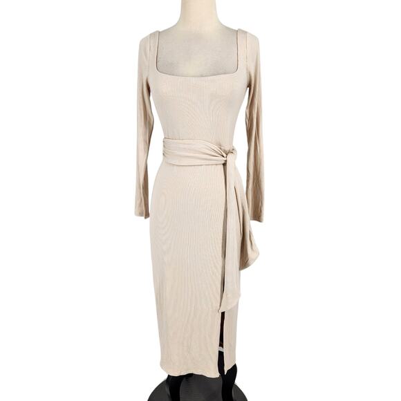 Privacy Please Ribbed Knit Midi Dress Square Neckline Side Slit Cream Size Small - Picture 1 of 6